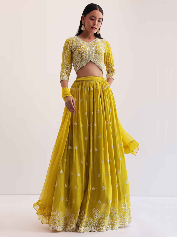 Yellow Sequins Georgette Haldi Wear Lehenga Choli