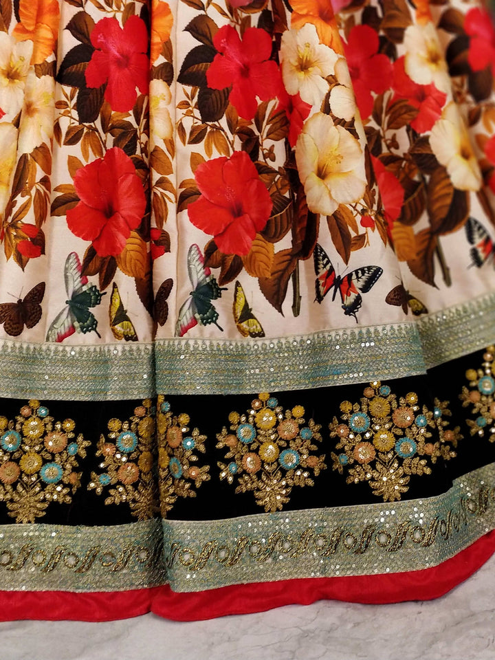 Cream Floral Printed Silk Wedding Lehenga Choli With Dupatta
