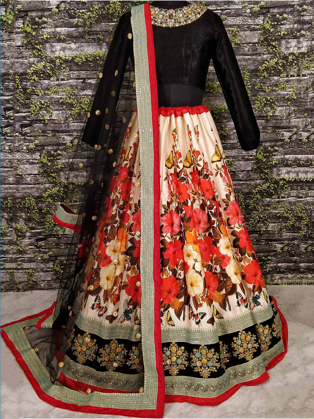 Cream Floral Printed Silk Wedding Lehenga Choli With Dupatta