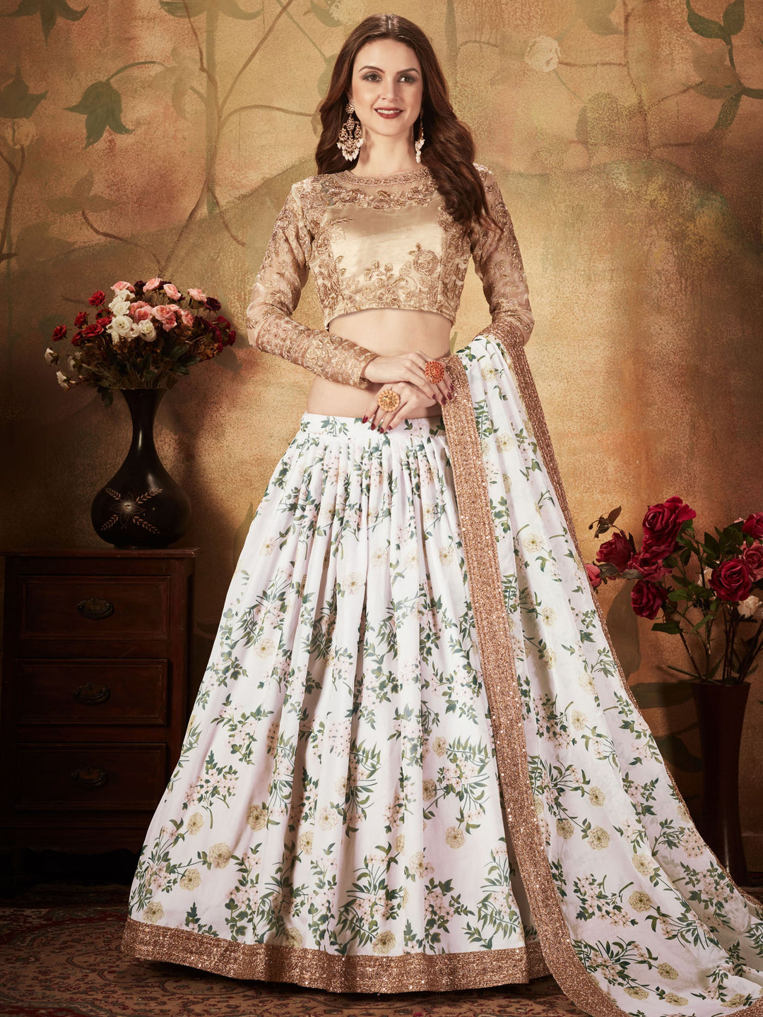 White Floral Printed Organza Sangeet Wear Lehenga Choli