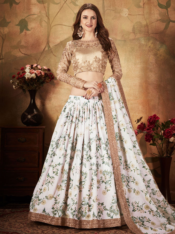 White Floral Printed Organza Sangeet Wear Lehenga Choli