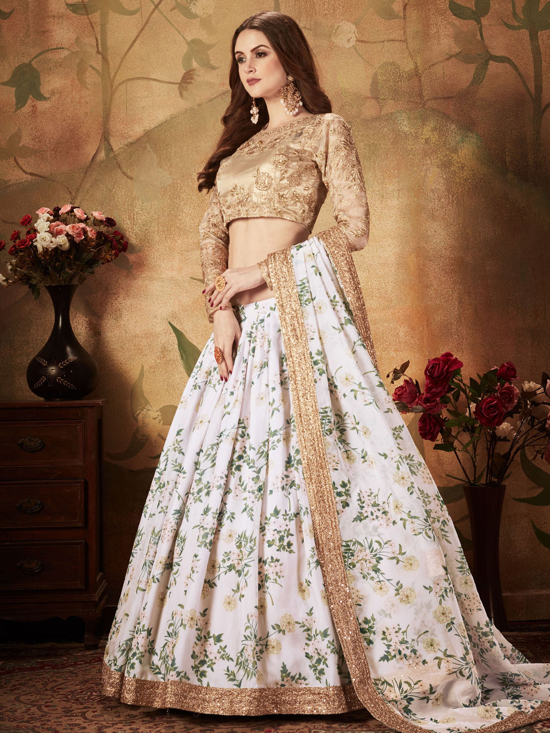 White Floral Printed Organza Sangeet Wear Lehenga Choli