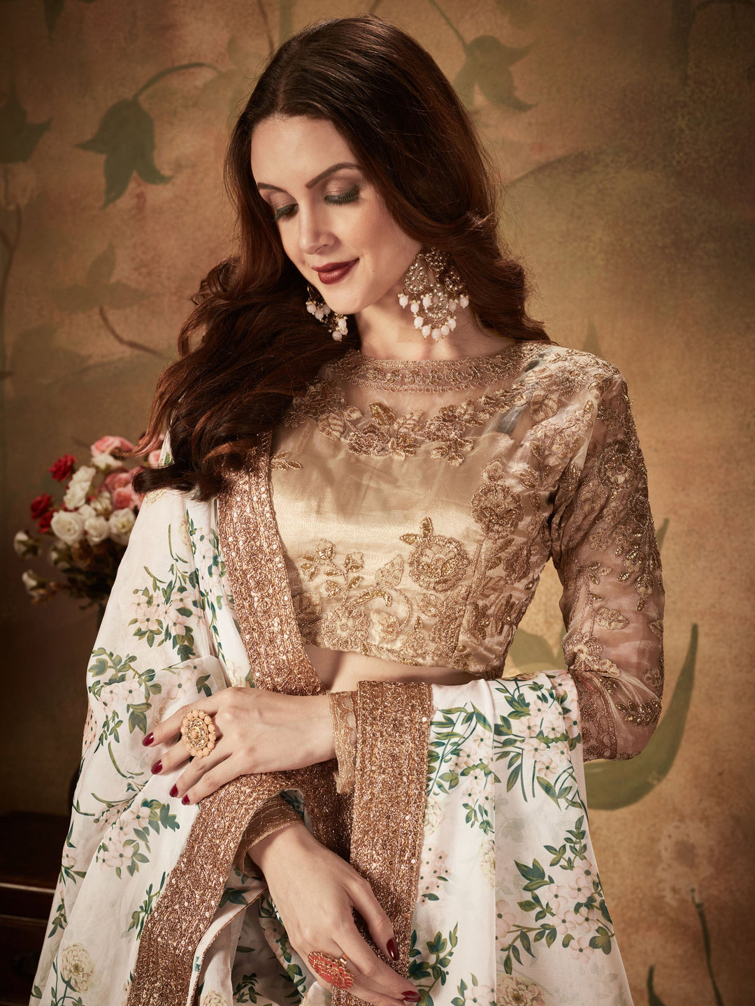 White Floral Printed Organza Sangeet Wear Lehenga Choli