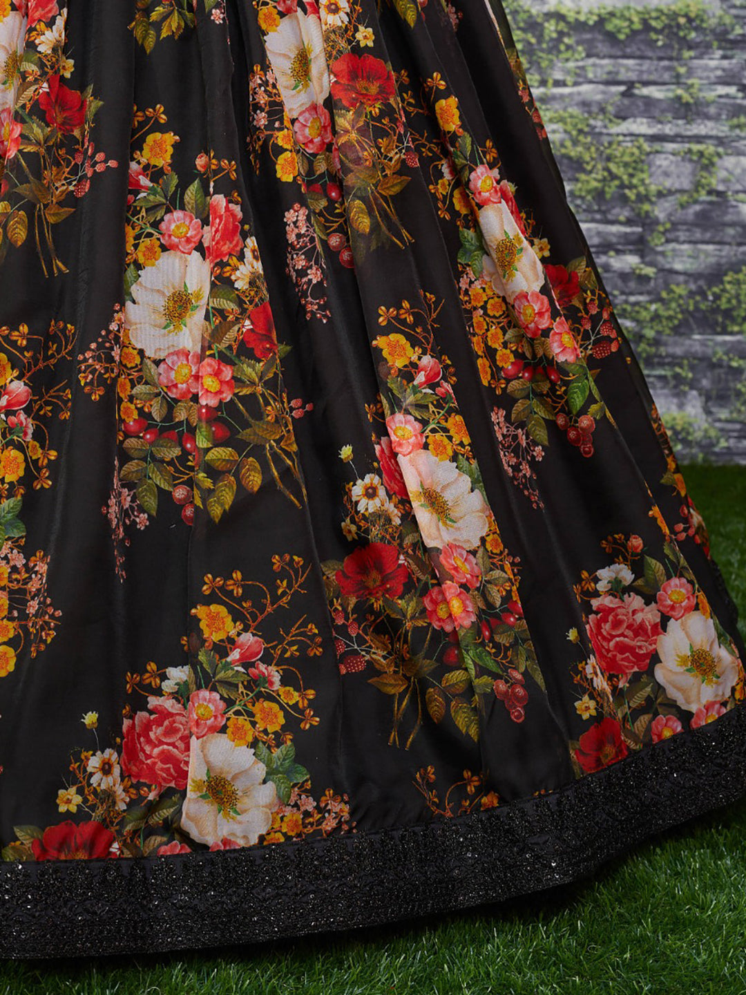 Black Floral Printed Organza Reception Wear Lehenga Choli