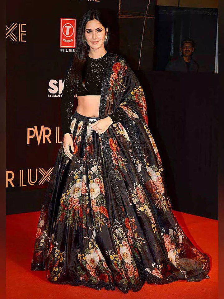 Black Floral Printed Organza Reception Wear Lehenga Choli