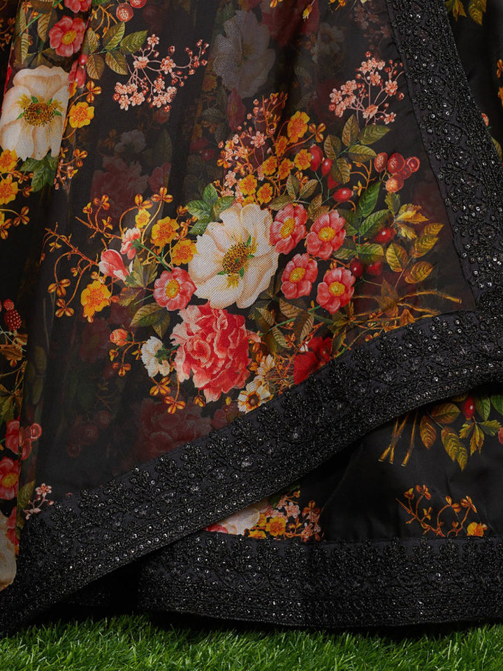 Black Floral Printed Organza Reception Wear Lehenga Choli
