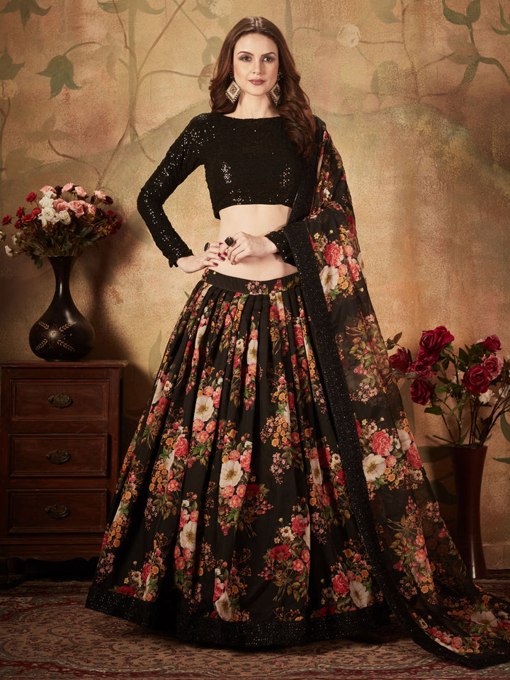 Black Floral Printed Organza Reception Wear Lehenga Choli