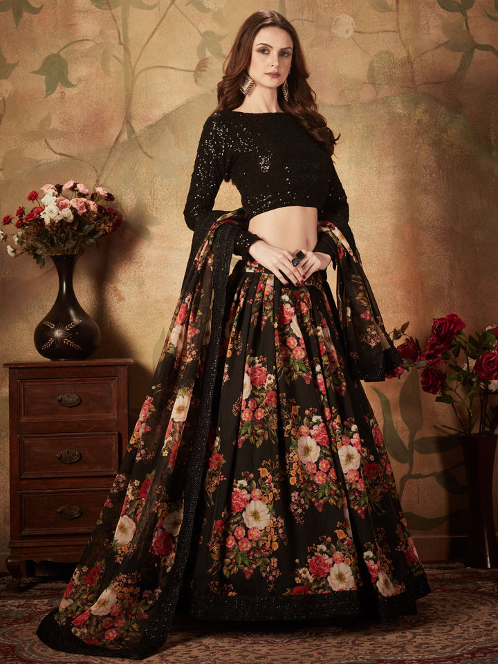 Beautiful Black Floral Printed Organza Reception Wear Lehenga Choli