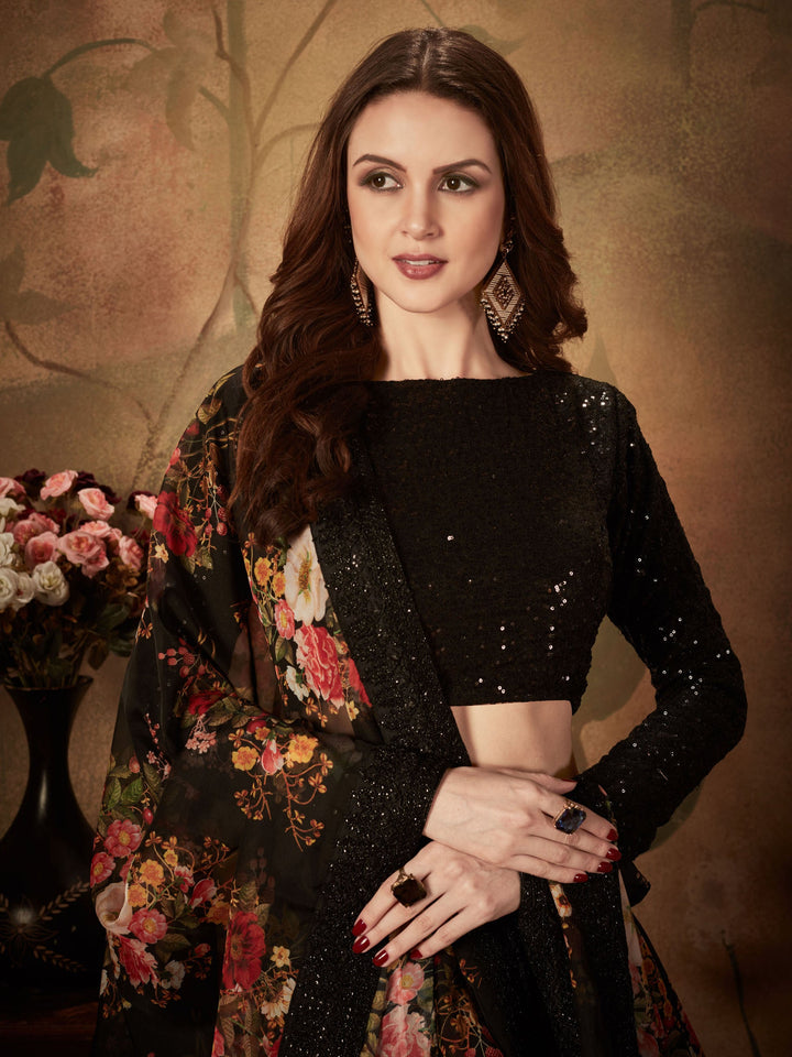 Black Floral Printed Organza Reception Wear Lehenga Choli