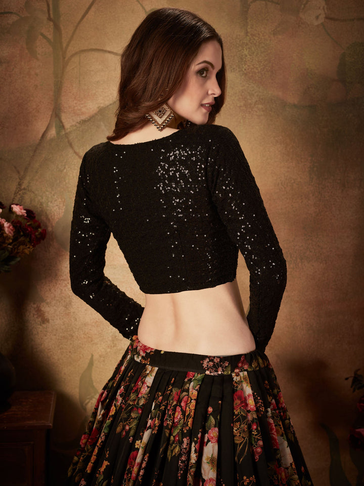 Black Floral Printed Organza Reception Wear Lehenga Choli