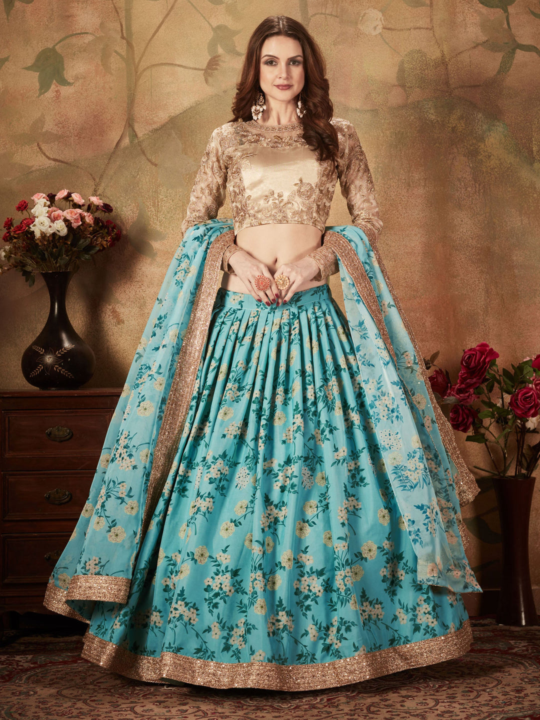 Sky Blue Floral Printed Organza Wedding Lehenga Choli