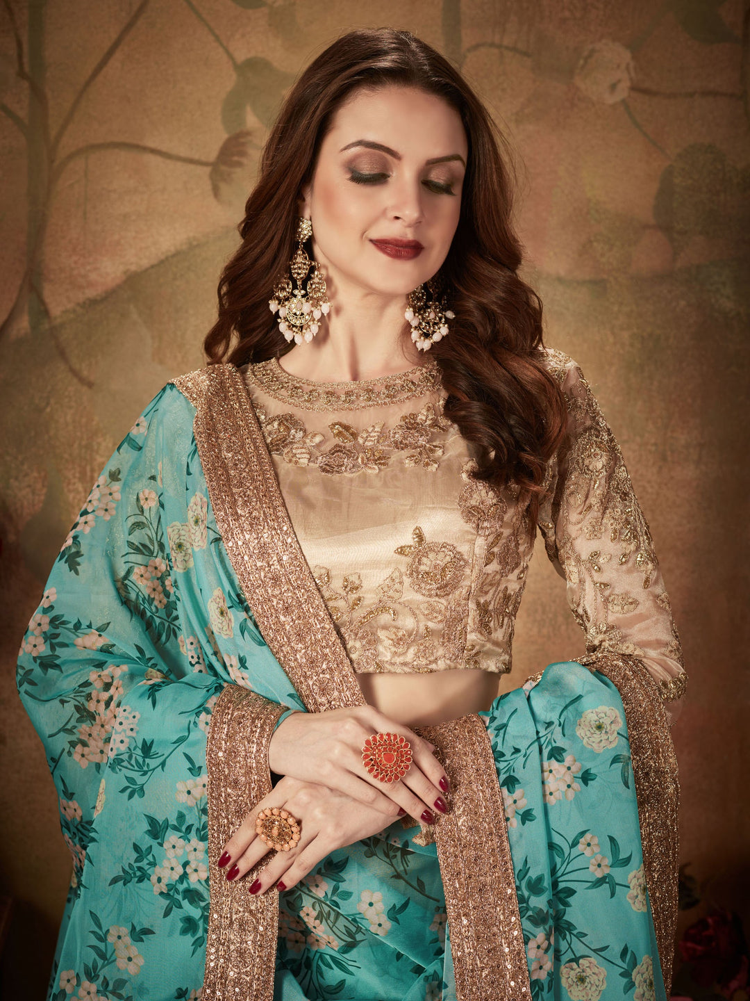 Sky Blue Floral Printed Organza Wedding Lehenga Choli