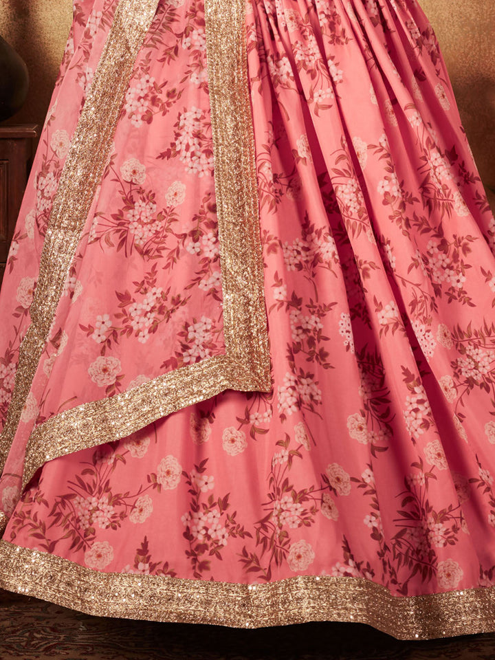 Pink Floral Printed Organza Bridesmaid Lehenga Choli