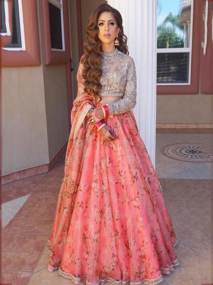 Pink Floral Printed Organza Bridesmaid Lehenga Choli