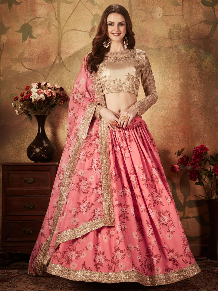 Pink Floral Printed Organza Bridesmaid Lehenga Choli