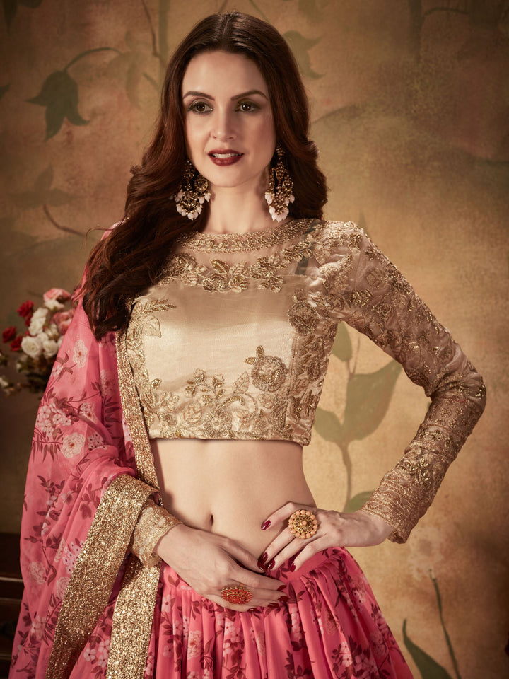 Pink Floral Printed Organza Bridesmaid Lehenga Choli