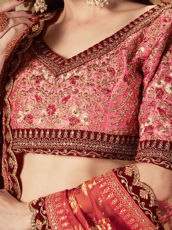 Maroon Floral Printed Organza Wedding Lehenga Choli
