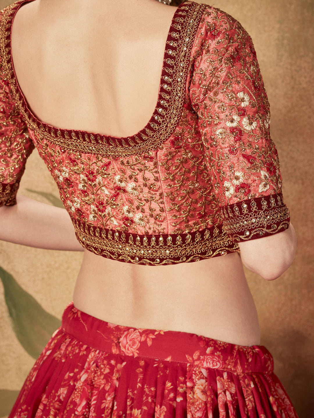 Maroon Floral Printed Organza Wedding Lehenga Choli