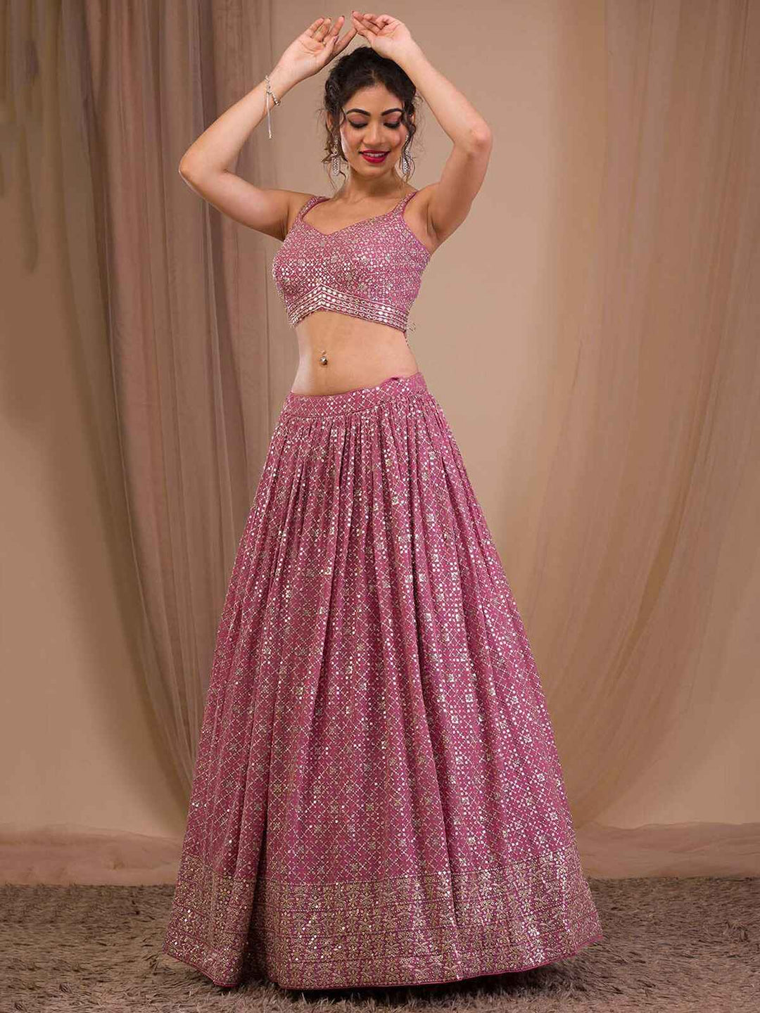 Pink Sequins Georgette Engagement Wear Lehenga Choli