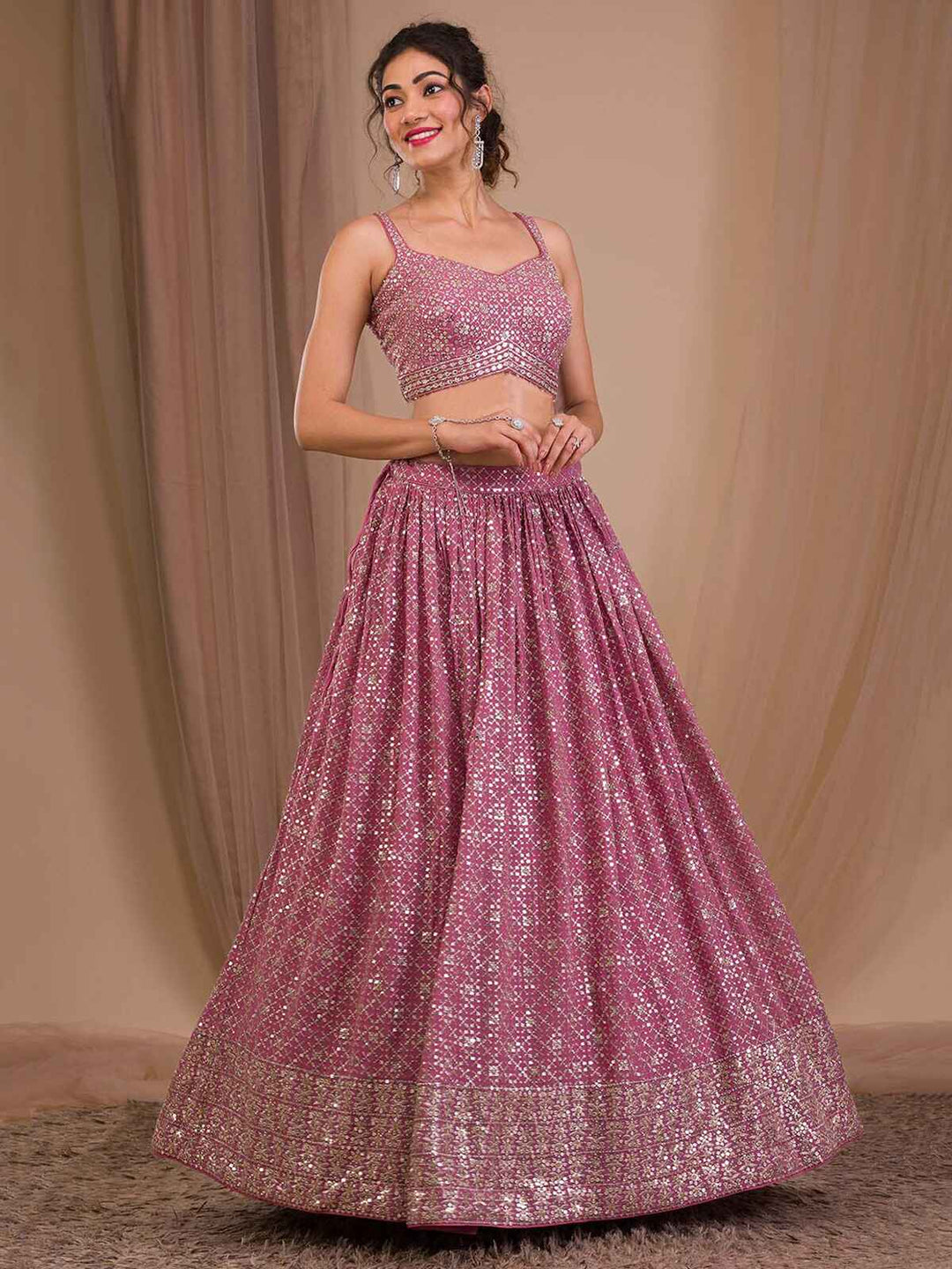 Pink Sequins Georgette Engagement Wear Lehenga Choli