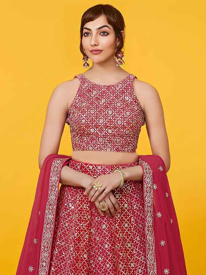 Precious Red Sequins Georgette Wedding Lehenga Choli With Dupatta