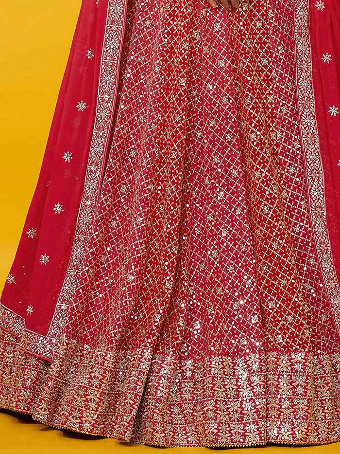 Precious Red Sequins Georgette Wedding Lehenga Choli With Dupatta