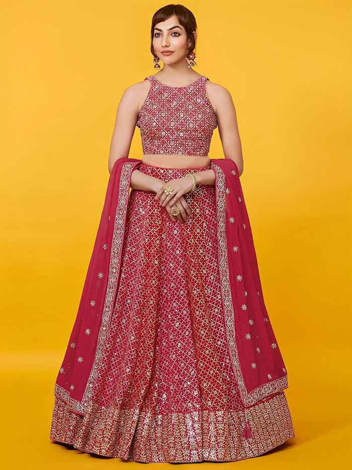 Red Sequins Georgette Wedding Lehenga Choli With Dupatta