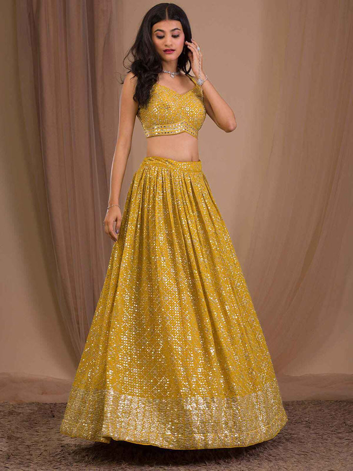 Alluring Yellow Sequins Georgette Haldi Wear Lehenga Choli