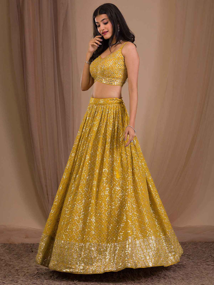 Alluring Yellow Sequins Georgette Haldi Wear Lehenga Choli
