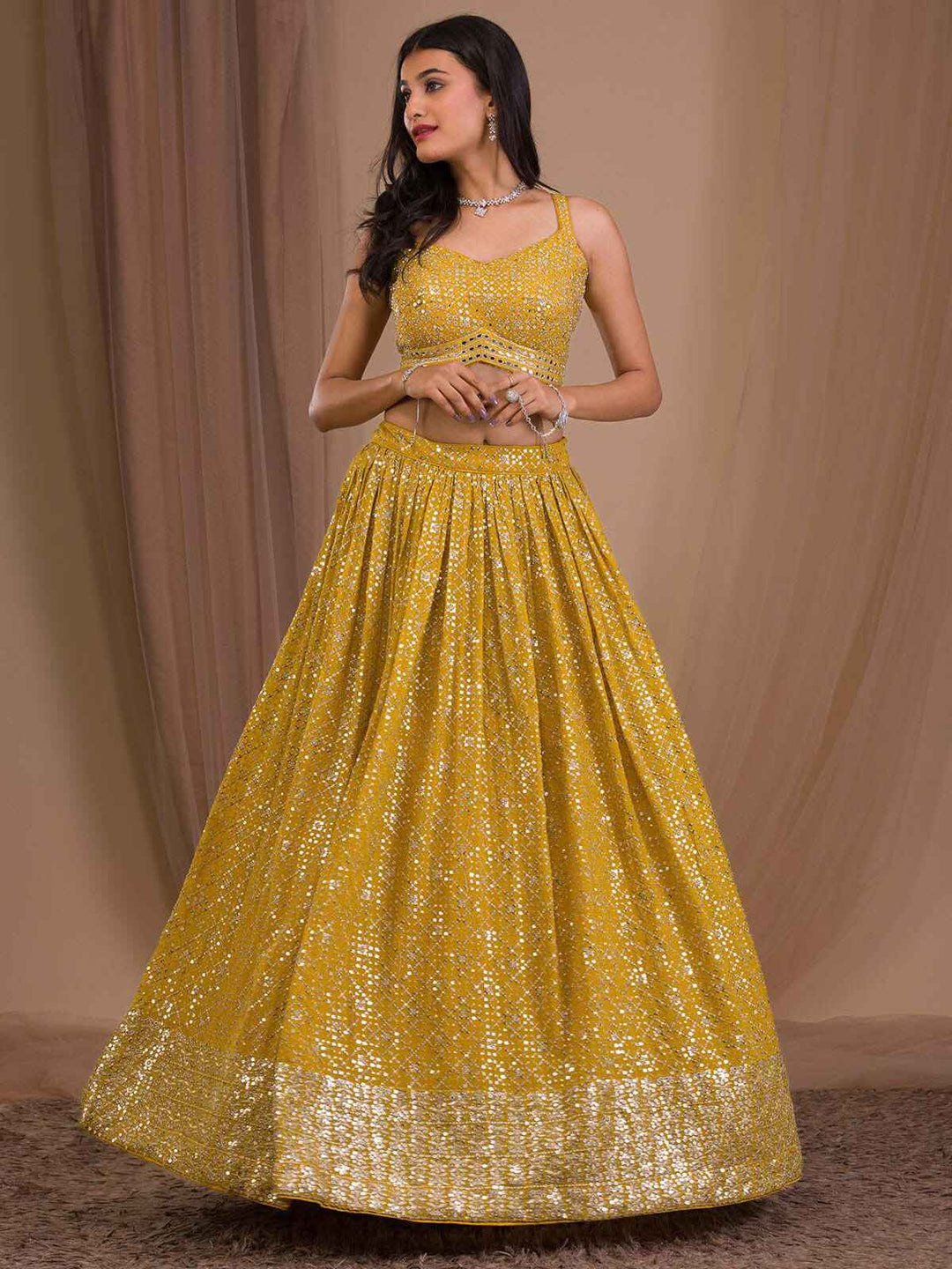Yellow Sequins Georgette Haldi Wear Lehenga Choli