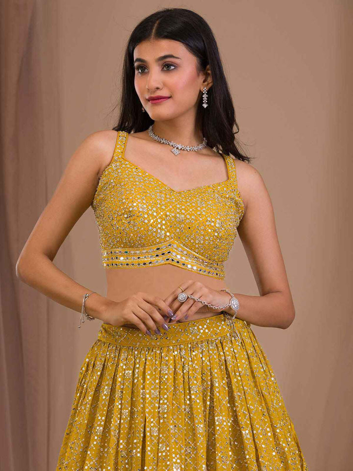 Alluring Yellow Sequins Georgette Haldi Wear Lehenga Choli