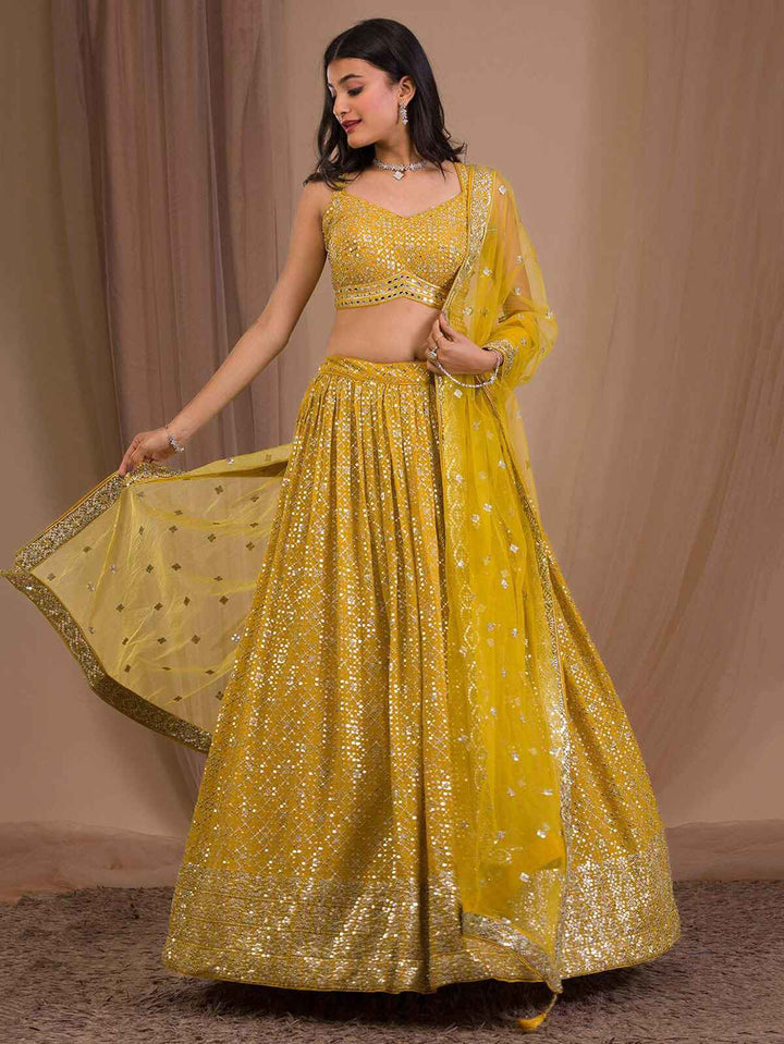 Yellow Sequins Georgette Haldi Wear Lehenga Choli
