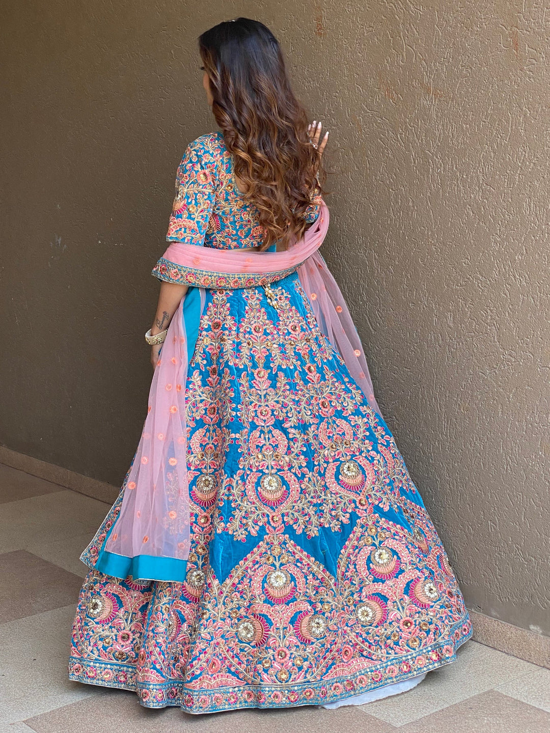 Blue Embroidered Velvet Wedding Wear Lehenga Choli