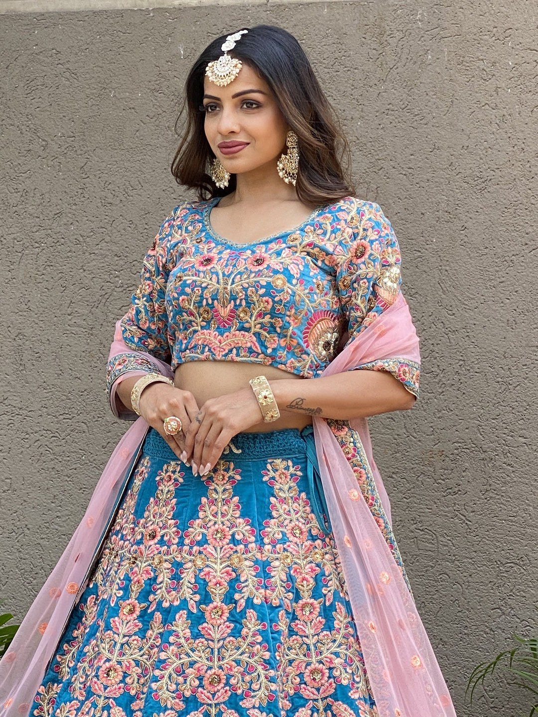 Blue Embroidered Velvet Wedding Wear Lehenga Choli