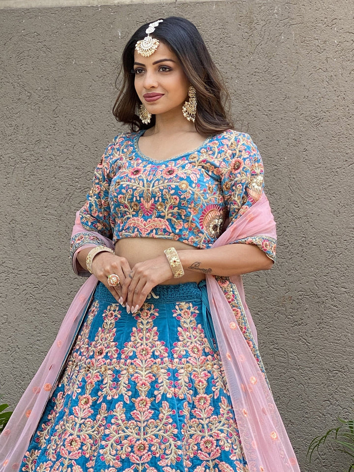 Blue Embroidered Velvet Wedding Wear Lehenga Choli