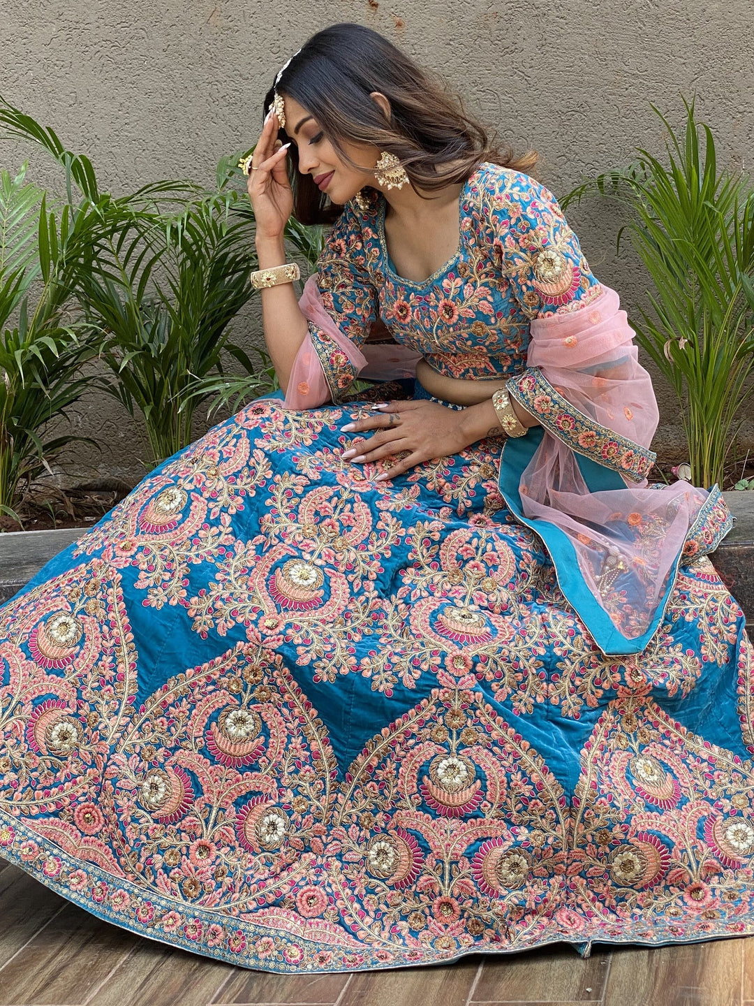 Blue Embroidered Velvet Wedding Wear Lehenga Choli