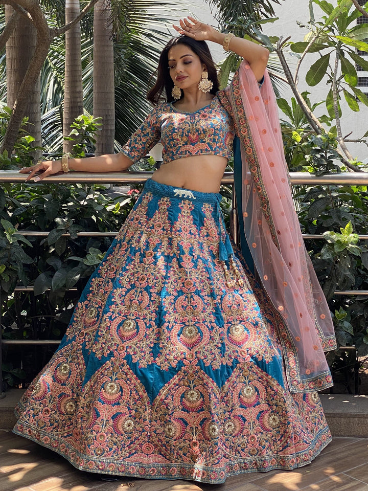 Blue Embroidered Velvet Wedding Wear Lehenga Choli