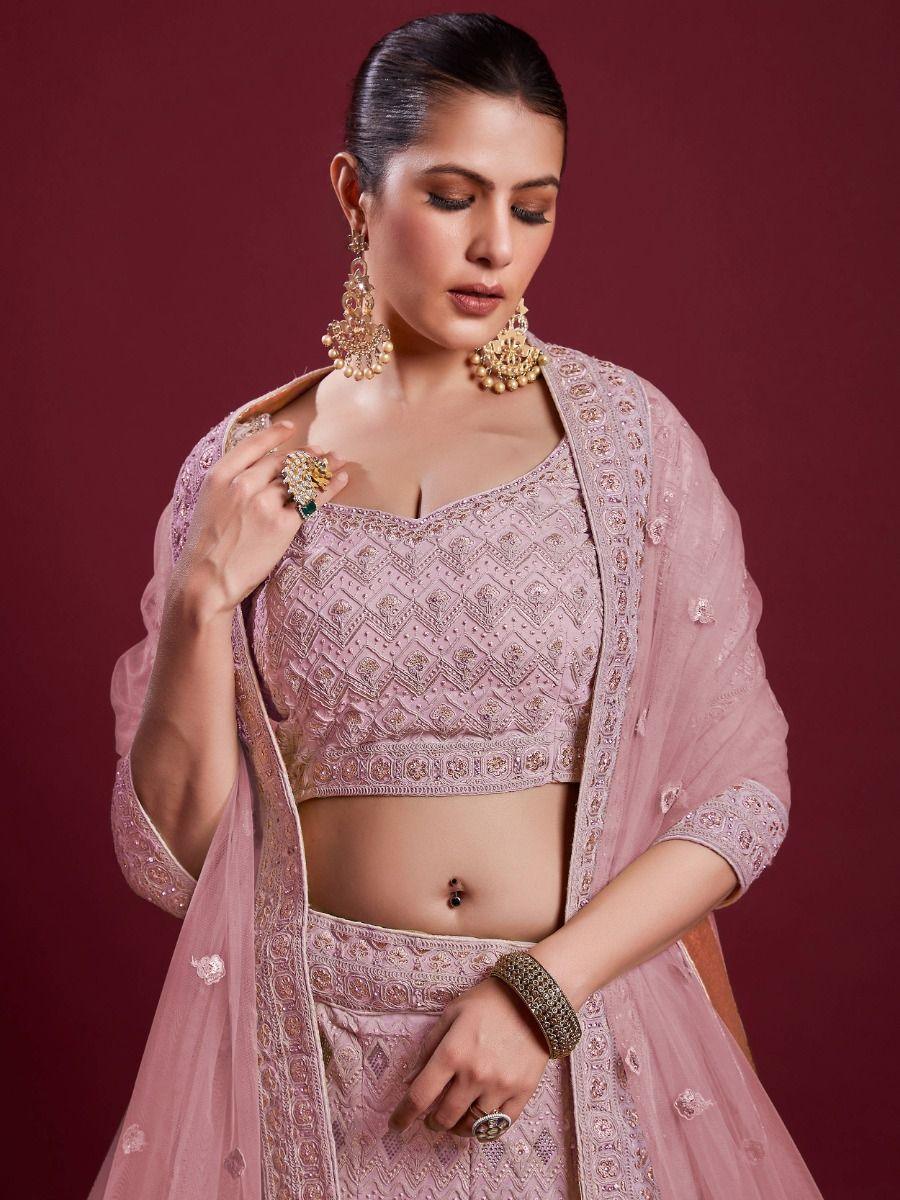 Pink Embroidered Georgette Lehenga Choli With Dupatta