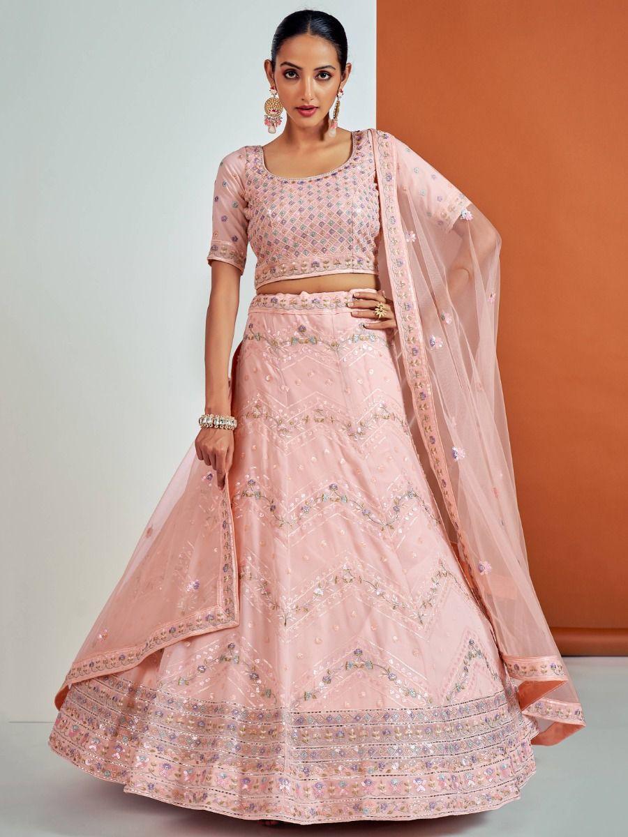 Attractive Peach Sequins Georgette Lehenga Choli With Net Dupatta