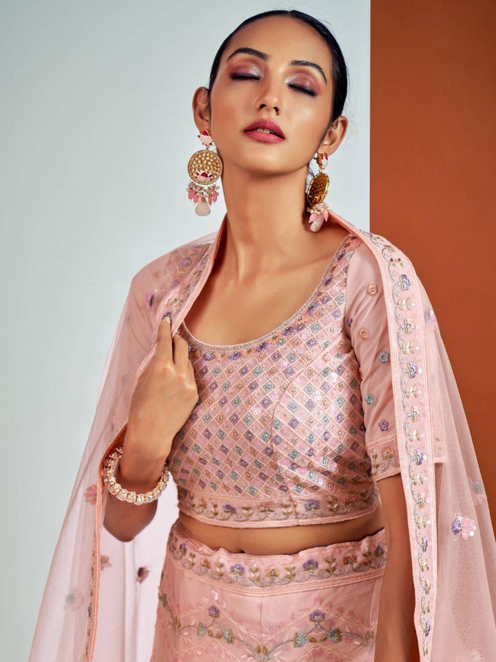 Peach Sequins Georgette Lehenga Choli With Net Dupatta