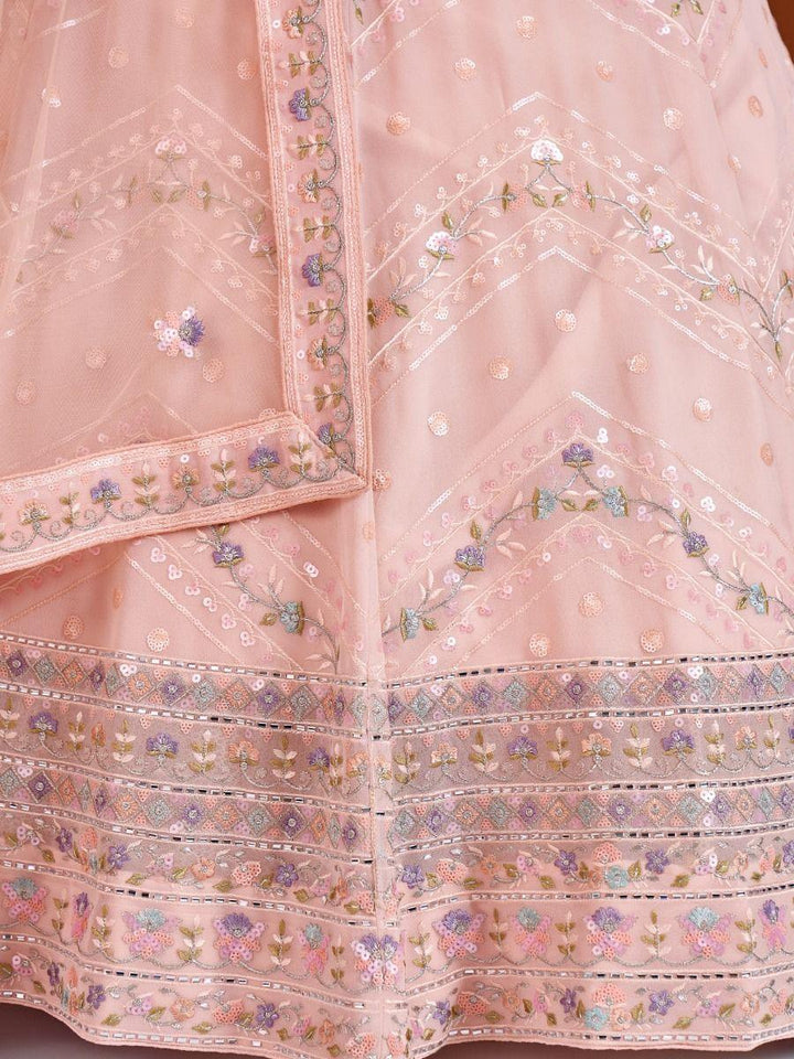 Attractive Peach Sequins Georgette Lehenga Choli With Net Dupatta
