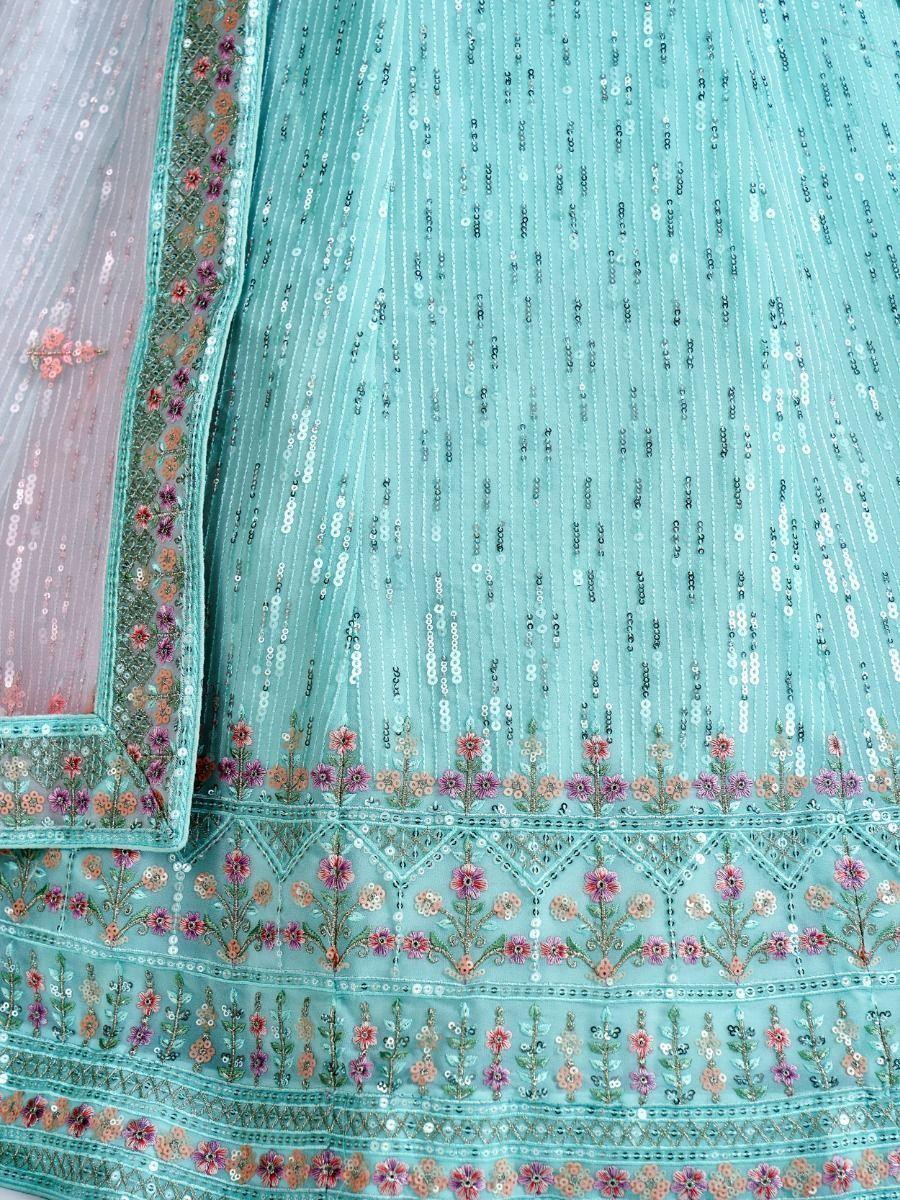 Turquoise Sequins Georgette Wedding Wear Lehenga Choli
