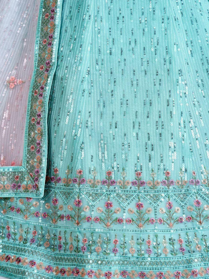 Turquoise Sequins Georgette Wedding Wear Lehenga Choli