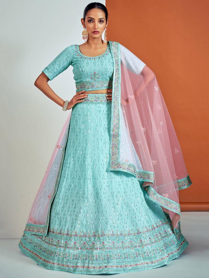 Turquoise Sequins Georgette Wedding Wear Lehenga Choli