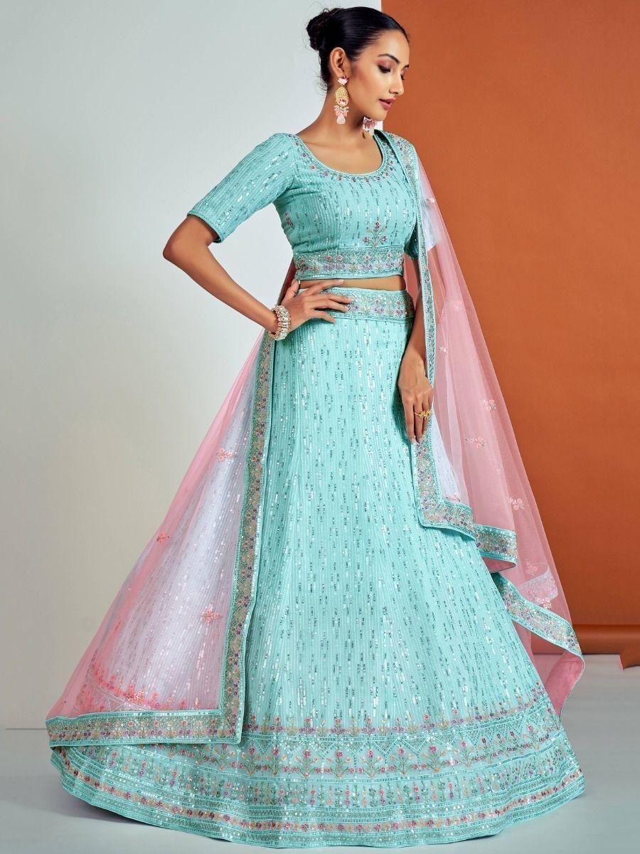 Turquoise Sequins Georgette Wedding Wear Lehenga Choli