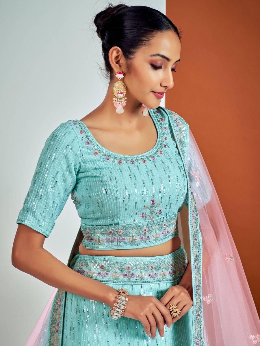 Turquoise Sequins Georgette Wedding Wear Lehenga Choli