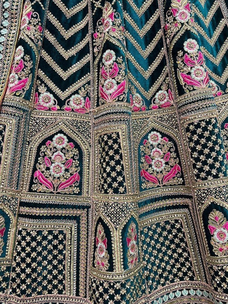 Green Multi-Thread Word Velvet Bridal Lehenga Choli