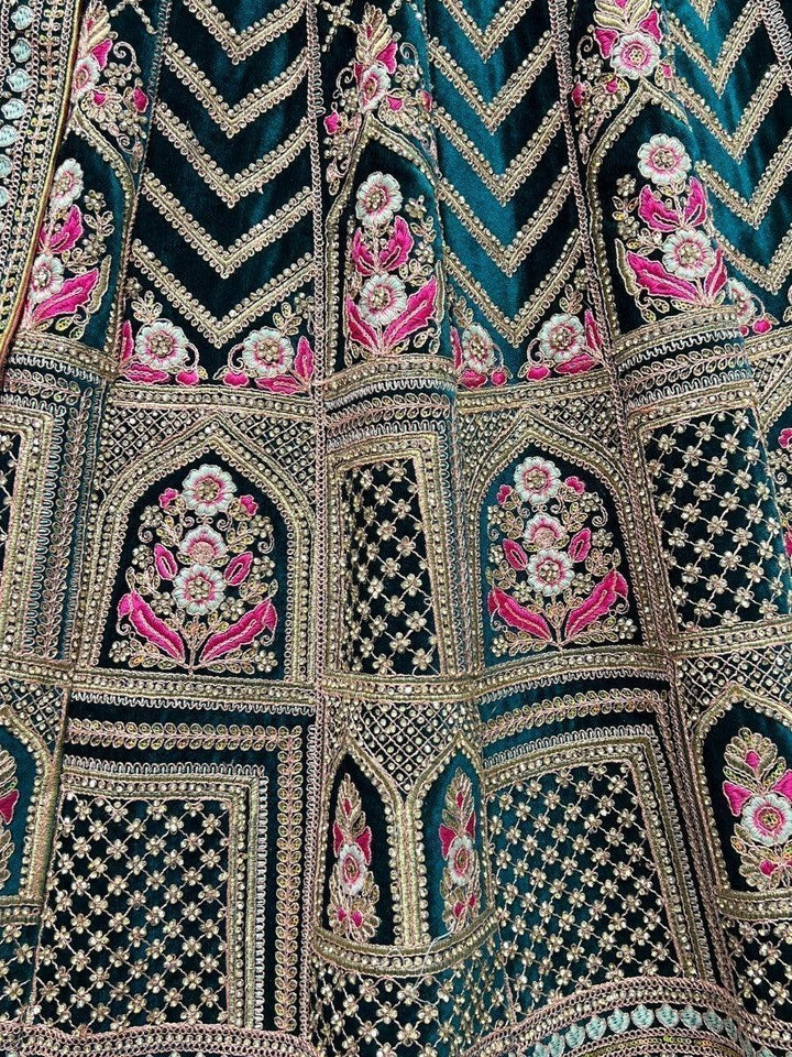 Green Multi-Thread Word Velvet Bridal Lehenga Choli