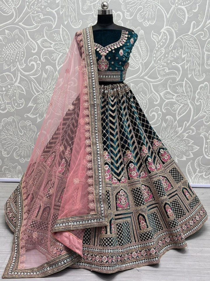 Wonderful Green Multi-Thread Word Velvet Bridal Lehenga Choli
