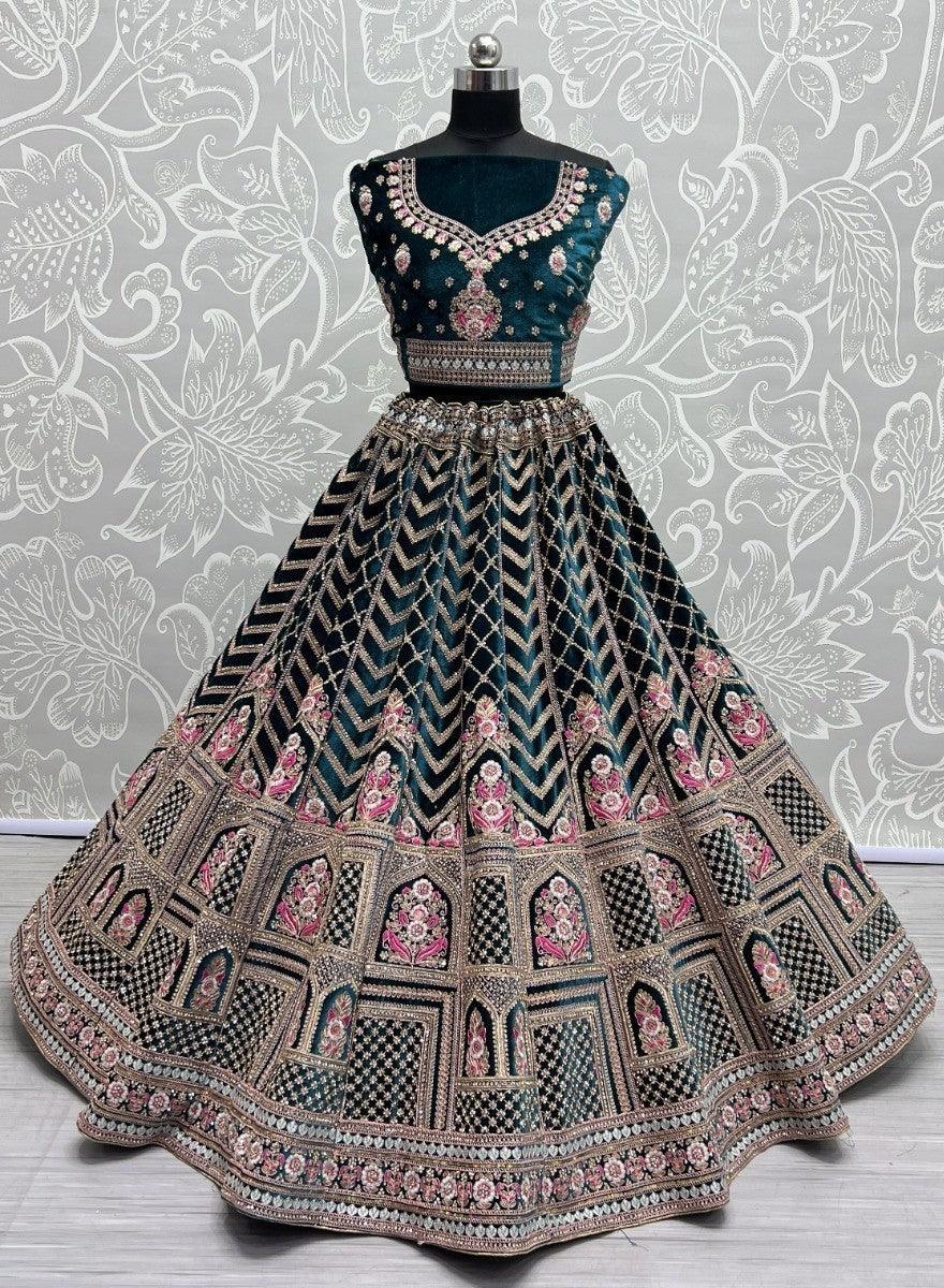 Wonderful Green Multi-Thread Word Velvet Bridal Lehenga Choli